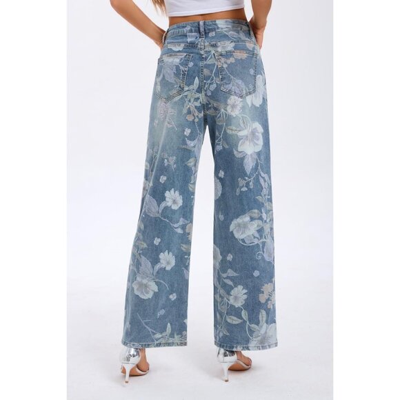 Women's Floral High Waisted Straight Leg Stretch Denim Jeans Summer Casual - Picture 4 of 7